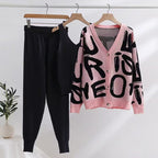 Women's Cozy Knit Loungewear Set with Decorative Lettering