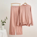 Women's Comfortable Knit Loungewear Set with High Cuffs and Decorative Cable Knits