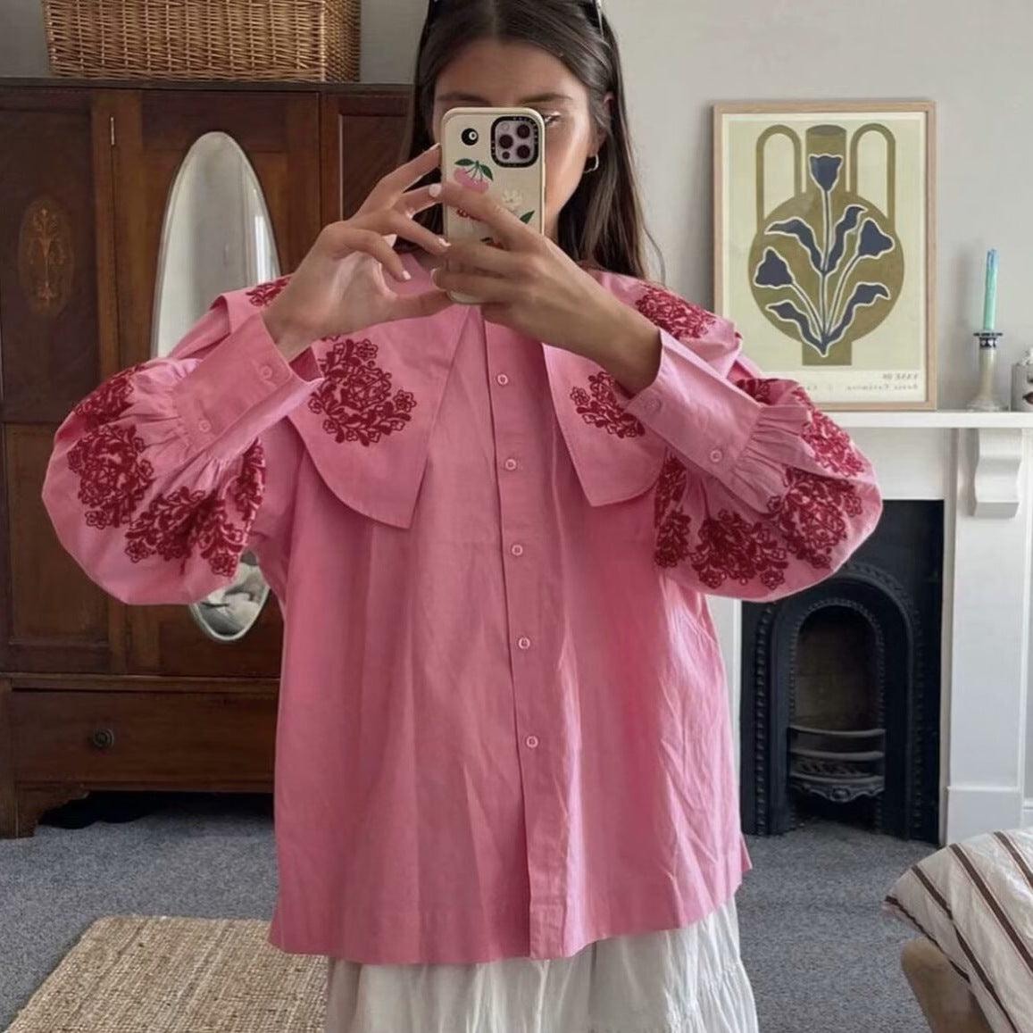 Women's Blouse with Voluminous Collar and Floral Embroidery