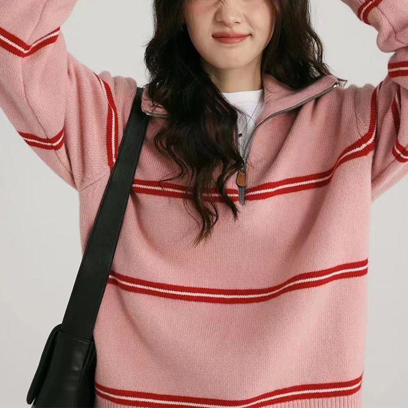 Women's Striped High-Neck Zipper Pullover