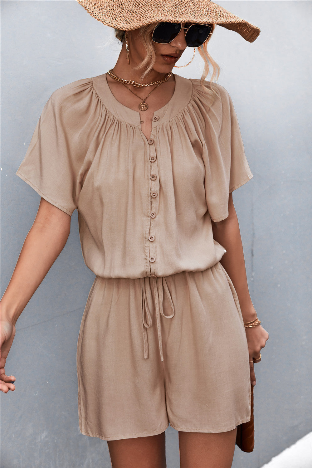Women's Jumpsuit with Elastic Waist and Button Front