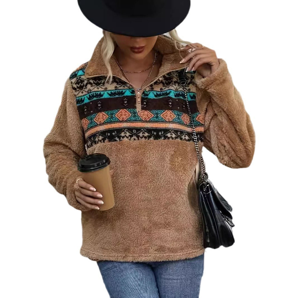 Women's Fleece Pullover with Zipper and Pattern