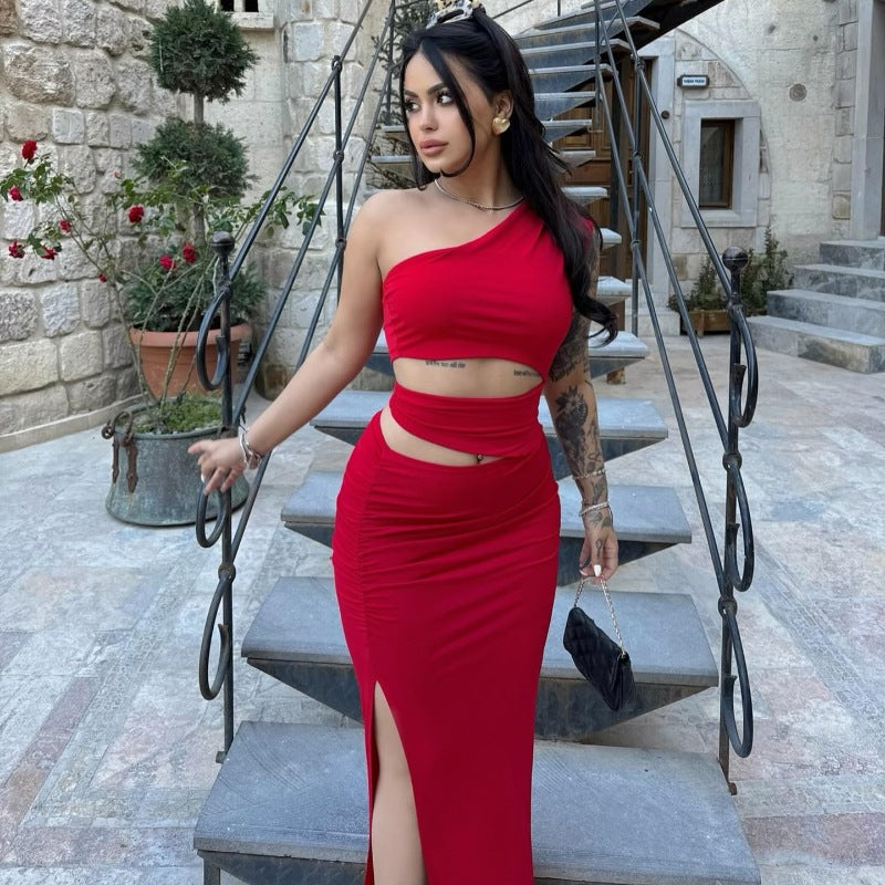 Women's Asymmetrical Ruffled Maxi Dress with High Side Slit