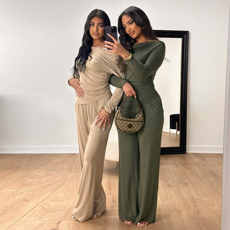 Women's Elegant Two-Piece Set in Flowing Material with Asymmetric Design