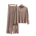 Casual Knit Ensemble with High Collar and Side Slits