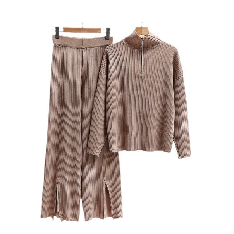 Casual Knit Ensemble with High Collar and Side Slits