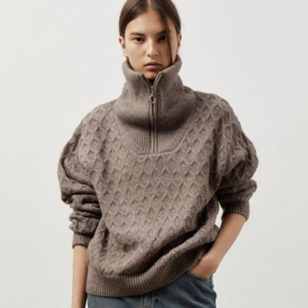 Women's Patterned Knit Sweater with High Collar and Half-Zip