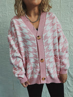 Women's Cozy Knit Cardigan with Modern Houndstooth Pattern and Button Details
