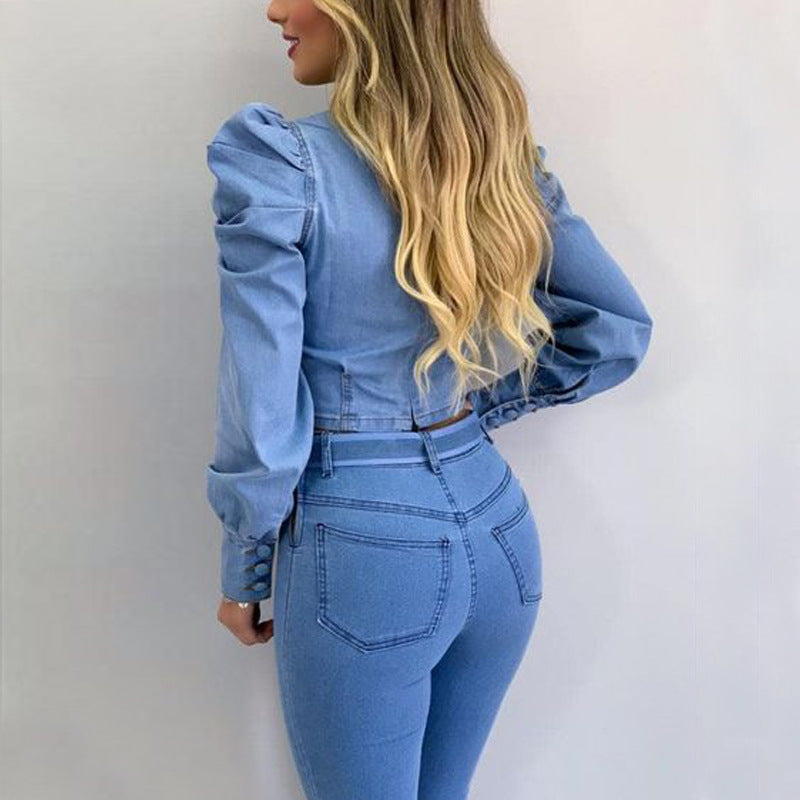 Women's Denim Jumpsuit with Puff Sleeves and Belt