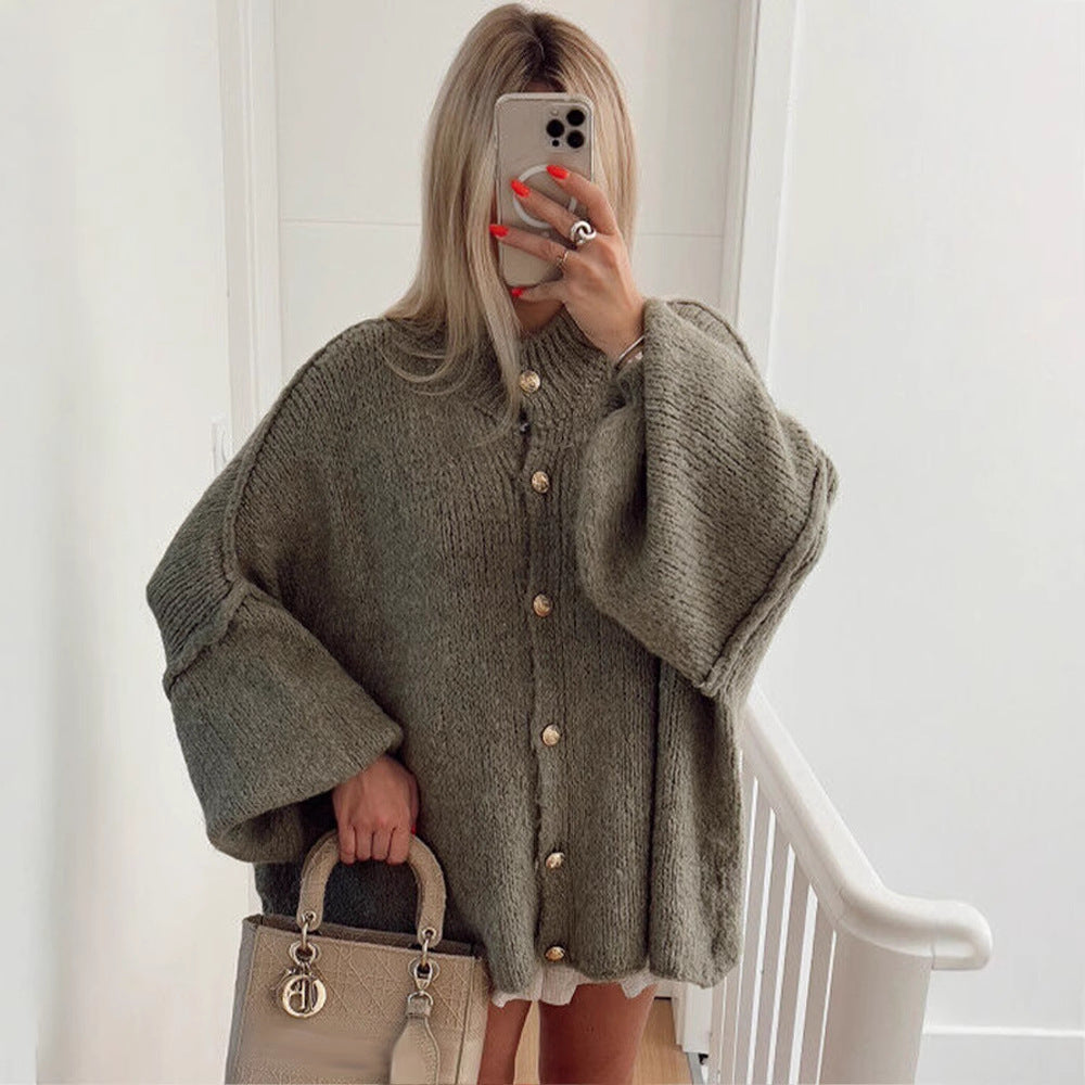 Women's Chunky Knit Cardigan with Button Details and Oversized Fit