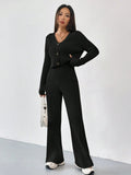 Elegant Knit Lounge Set with V-Neck