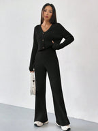 Elegant Knit Lounge Set with V-Neck