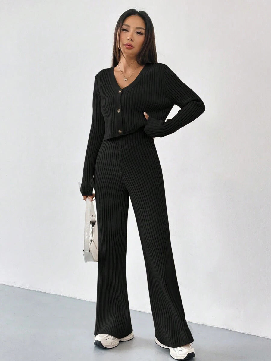 Elegant Knit Lounge Set with V-Neck