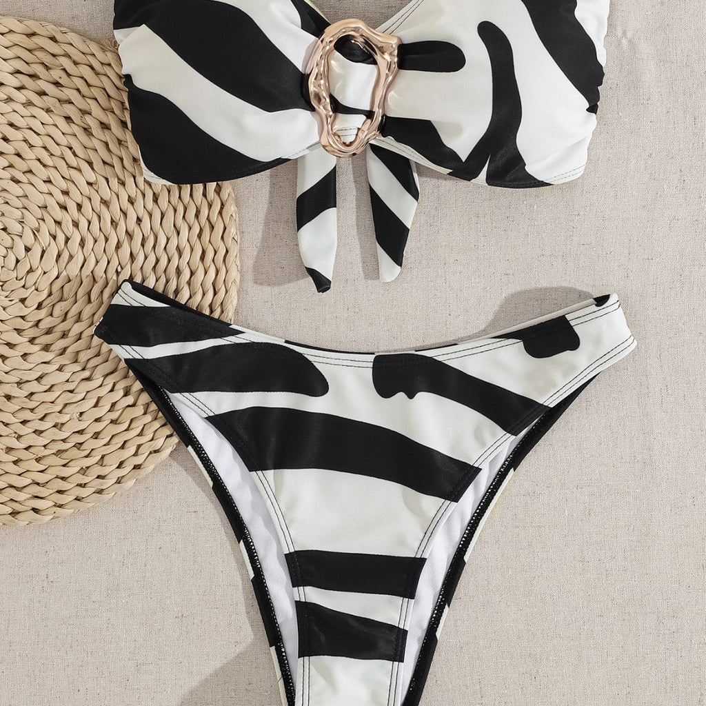 Women's Bandeau Bikini with Fashionable Buckle Detail and Asymmetric Cut