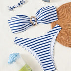 Women's Bandeau Bikini with Striped Pattern and Ring Detail
