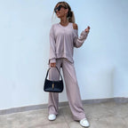 Women's Elegant Ribbed Knit Two-Piece Lounge Set with One-Shoulder Cut and Wide Palazzo Trousers