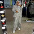 Women's Casual Sweater-Blazer Combo with Wide-Leg Pants