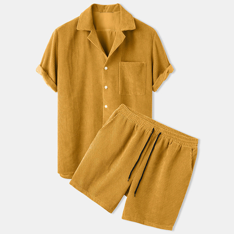 Men's short-sleeve leisure set with waffle texture, lapel collar and drawstring pants
