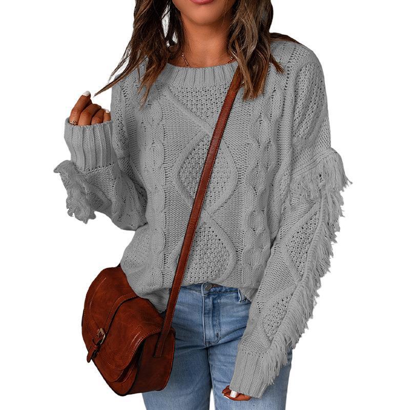 Women's Chunky Knit Sweater with Dropped Shoulders and Elastic Cuffs