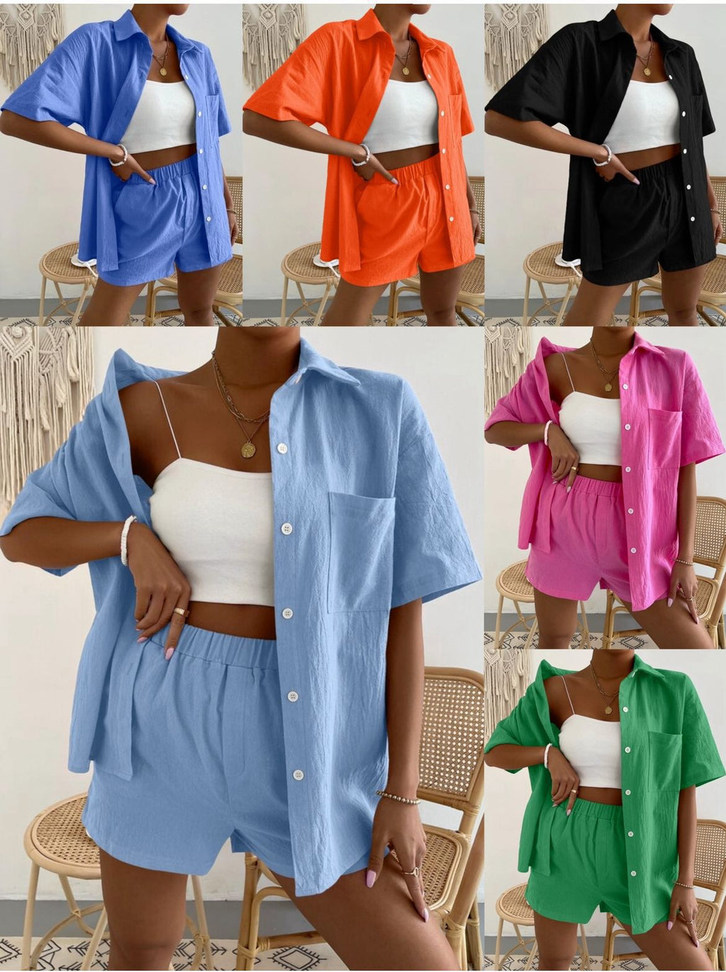 Women's Lightweight Linen Loungewear Set with Chest Pocket