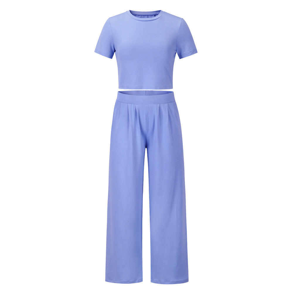 Women's Comfortable Cotton Crop Top and Wide-Leg Pants Set