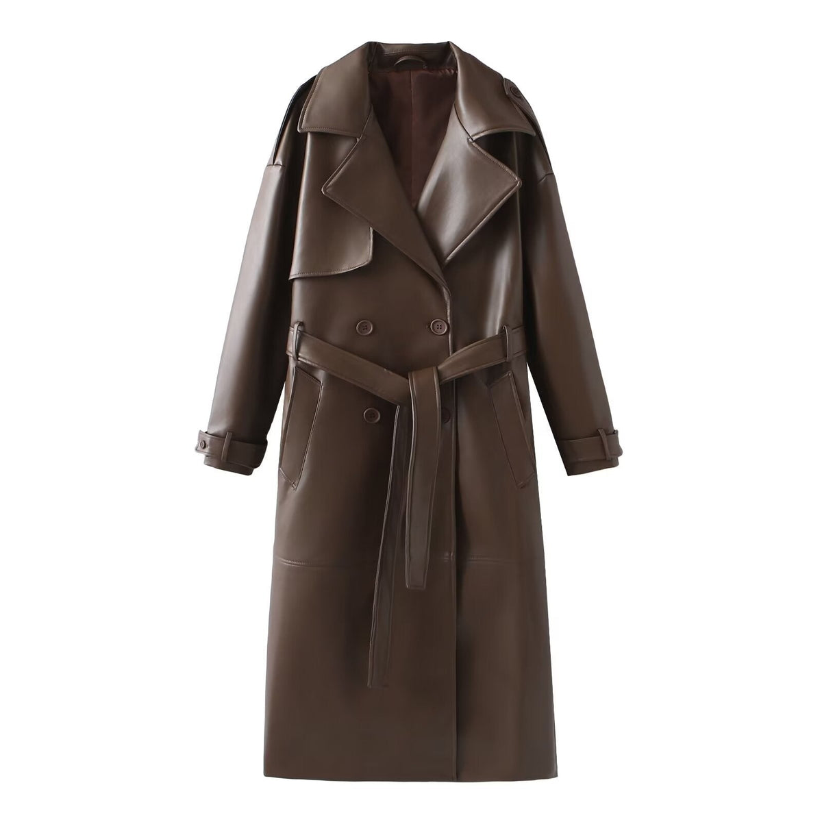 Women's Faux Leather Trench Coat with Fashionable Cut and Pockets