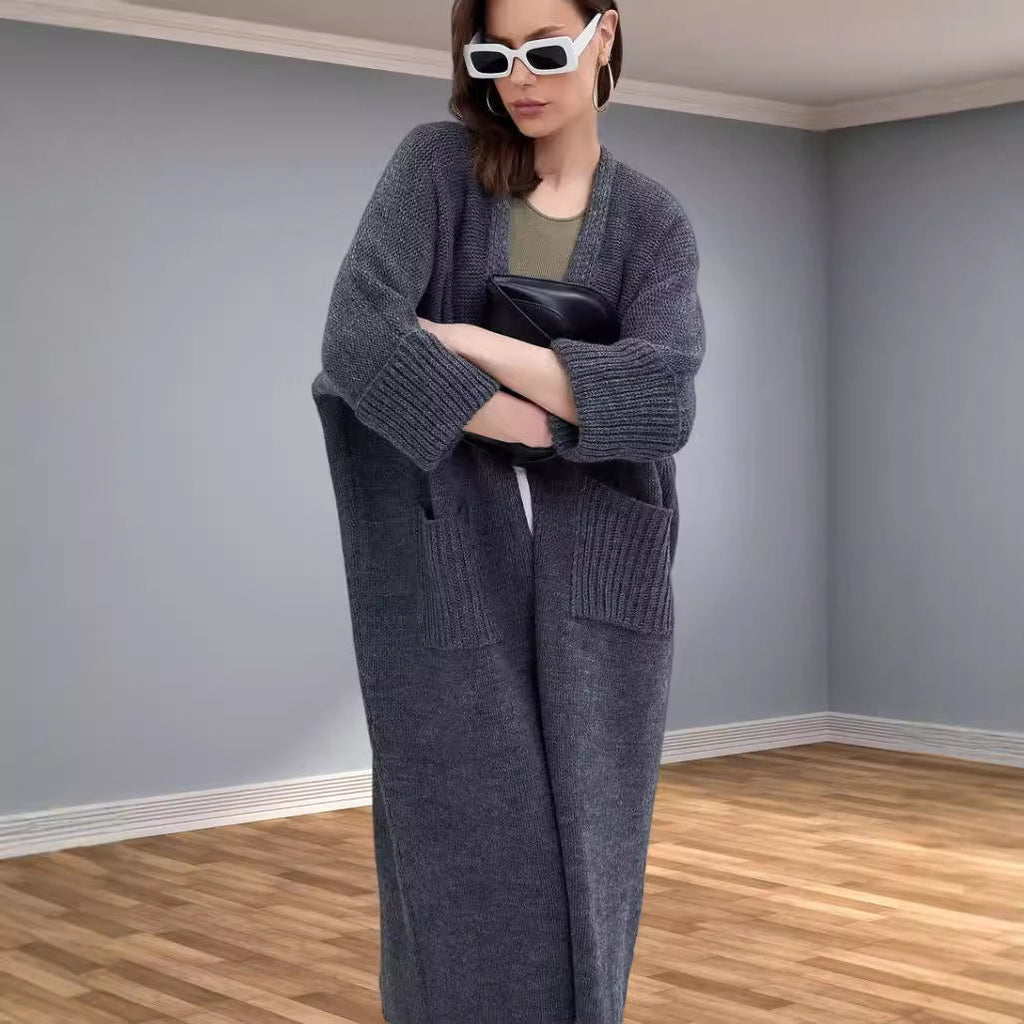 Women's Chunky Knit Coat with Practical Pockets and Elegant V-Neck