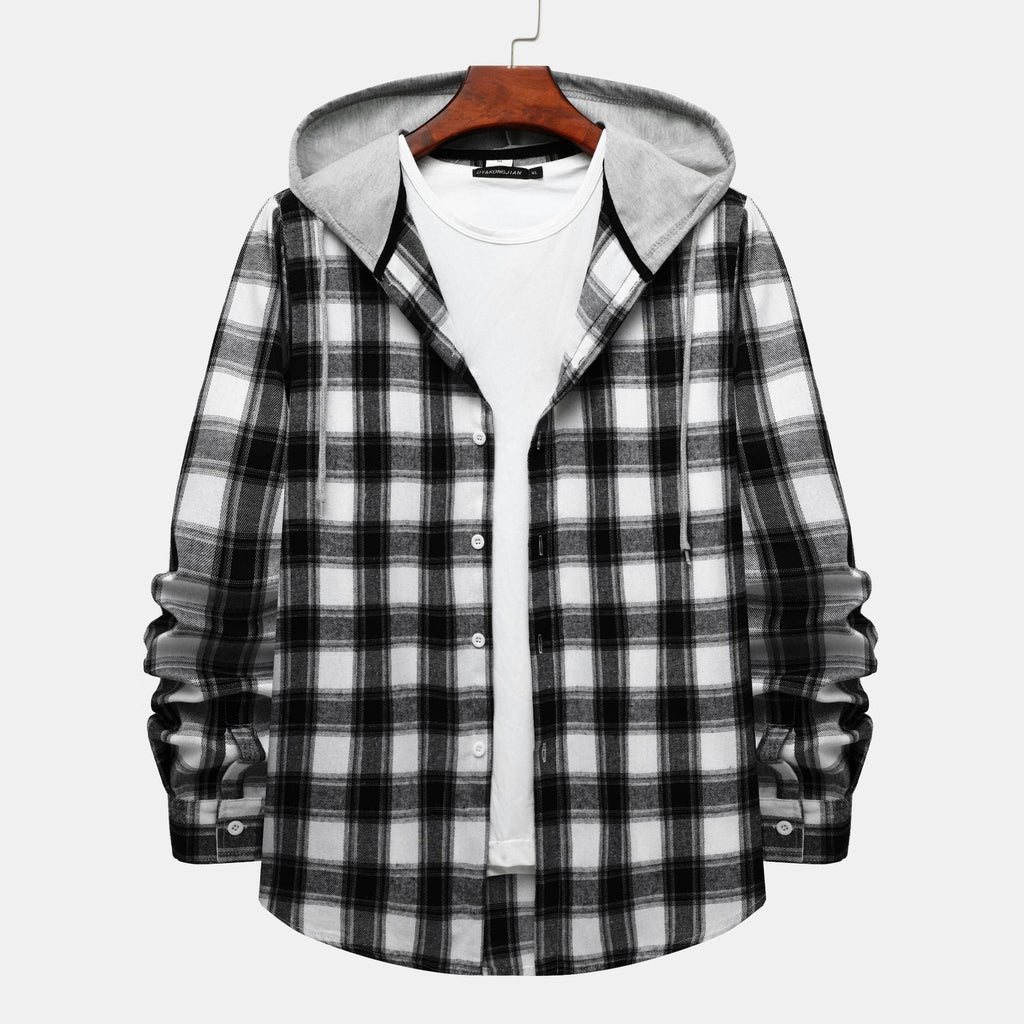 Women's Flannel Shirt with Integrated Hood and Plaid Design