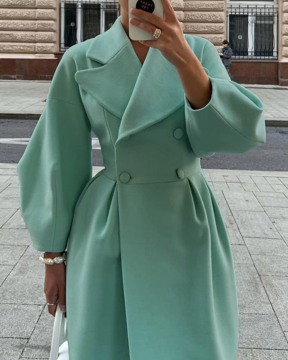 Women's Elegant Trench Coat with High Slit and Puff Sleeves