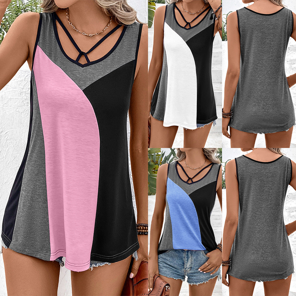 Women's Sleeveless Colorblock Top with Fashionable V-Neck