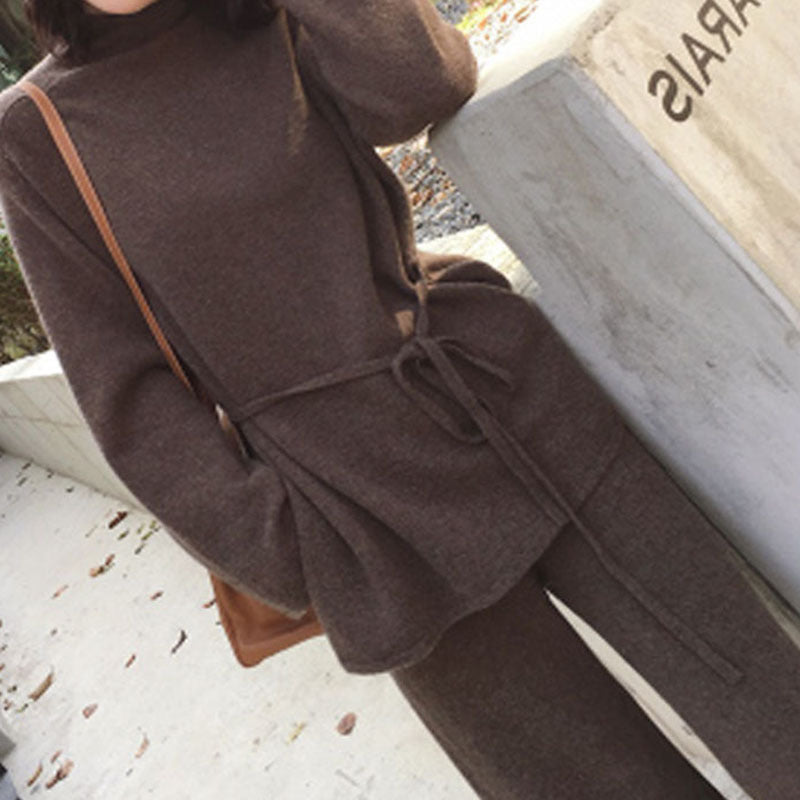 Women's Cozy Knit Ensemble with Waist Belt and High Collar