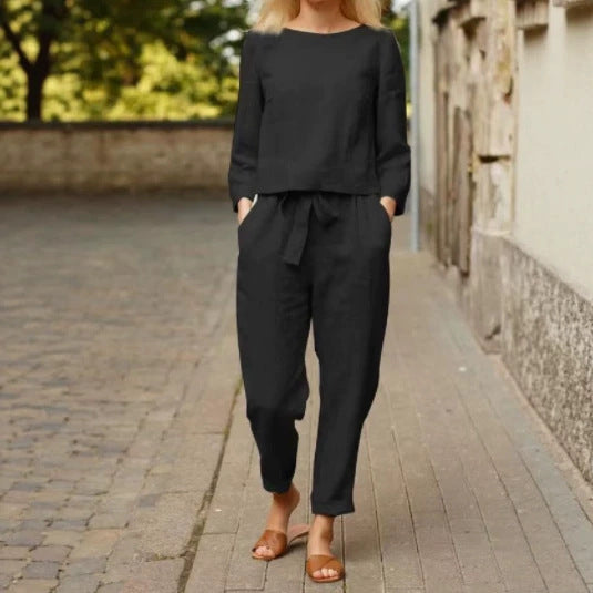 Women's Casual Linen Loungewear Set with Round Neck and Tie Belt