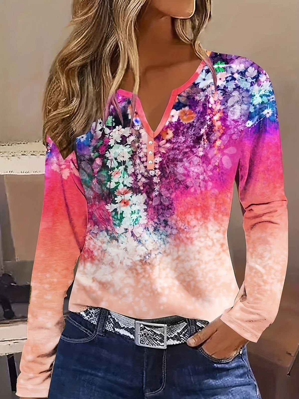 Women's Floral Long-Sleeve Button-Down Shirt