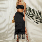 Women's Crocheted Crop Top and Maxi Skirt Set with Fringe Details