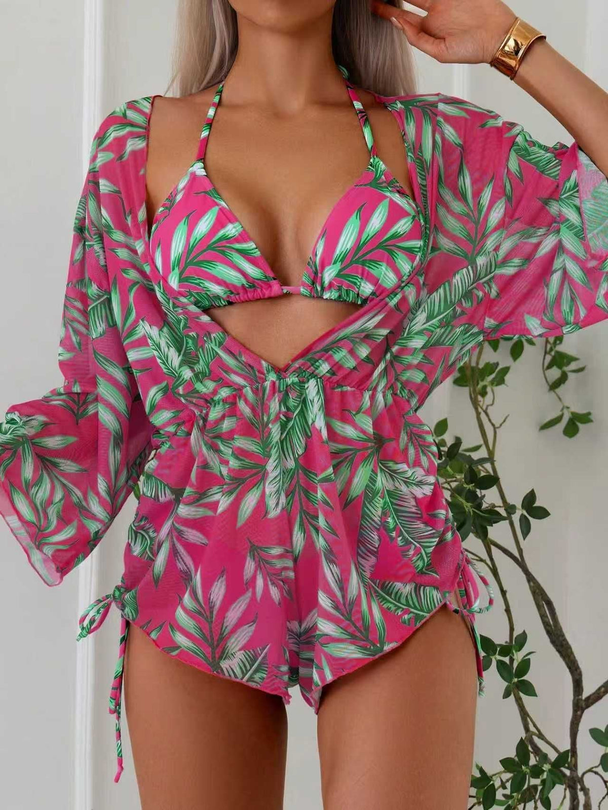 Women's V-Neck Swimsuit with Palm Print