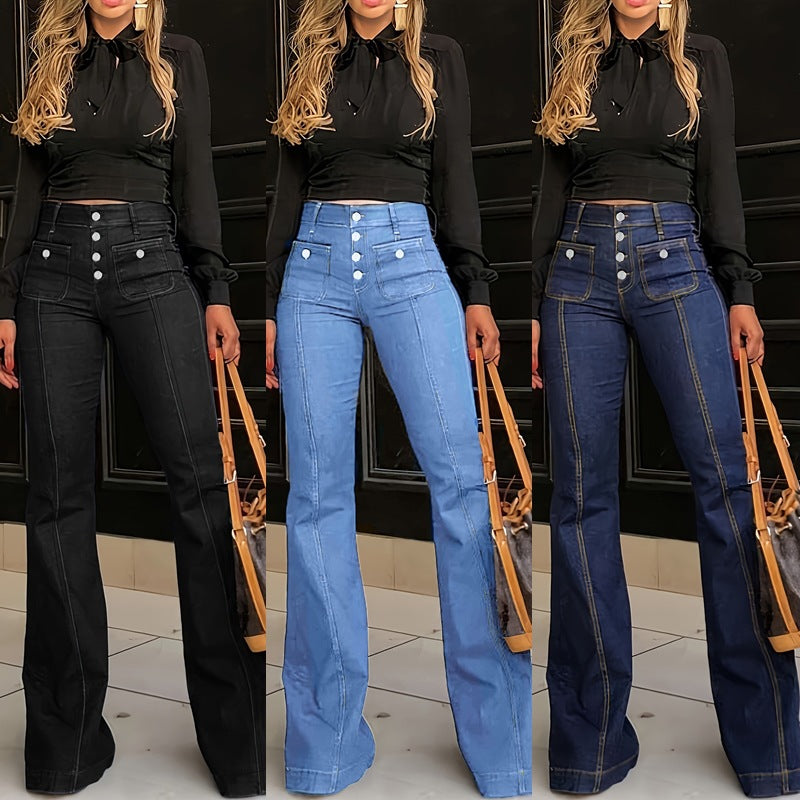Women's High-Waist Flare Jeans with Button Details