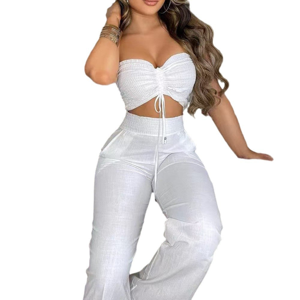 Women's Casual Crop Top and Wide-Leg Pants Set