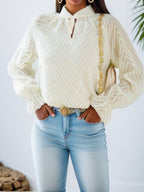 Women's Elegant Blouse with Sheer Sleeves and Decorative Stand-Up Collar
