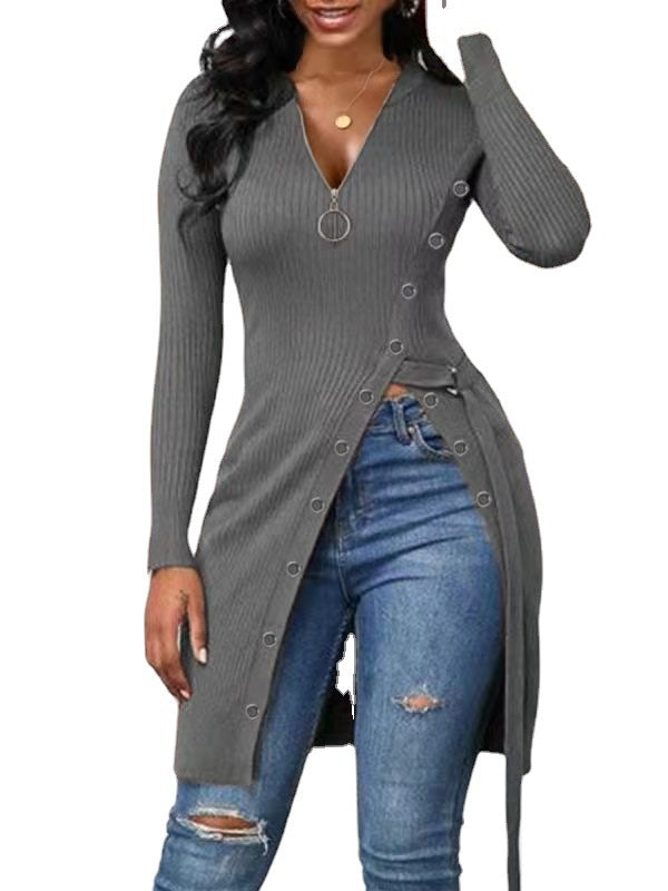 Women's Form-Fitting Wrap Shirt with Button Details and Deep V-Neck