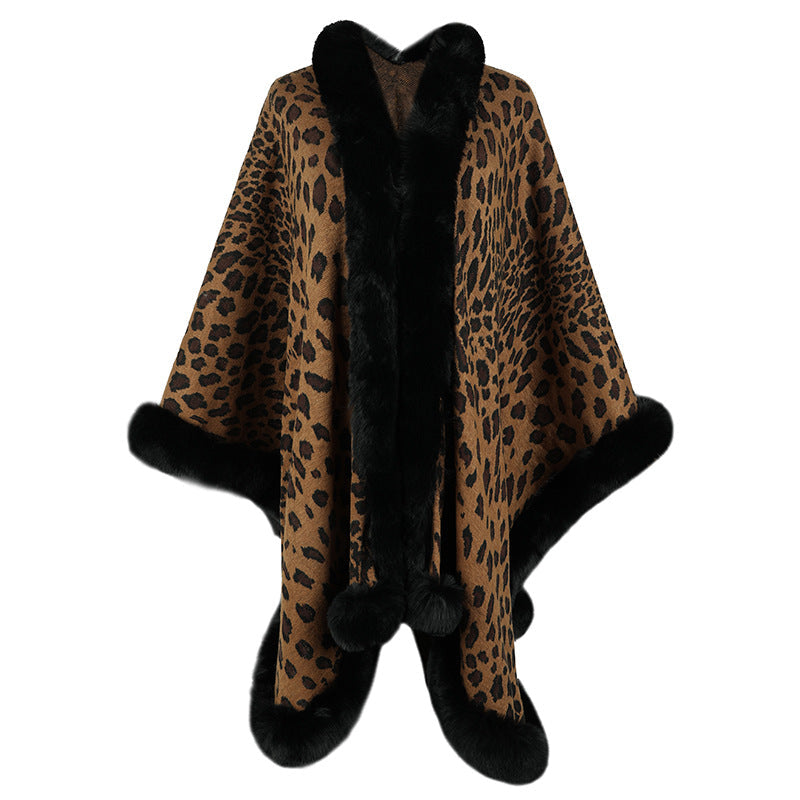 Women's Cozy Poncho with Faux Fur Trim and Leopard Print
