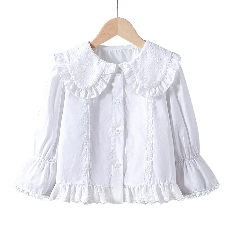 Women's Blouse with Nostalgic Collar and Ruffle Details