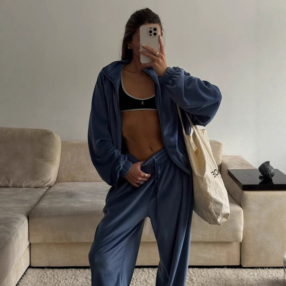 Women's Casual Lounge Two-Piece Set with Oversized Zip Jacket and Wide Leg Pants