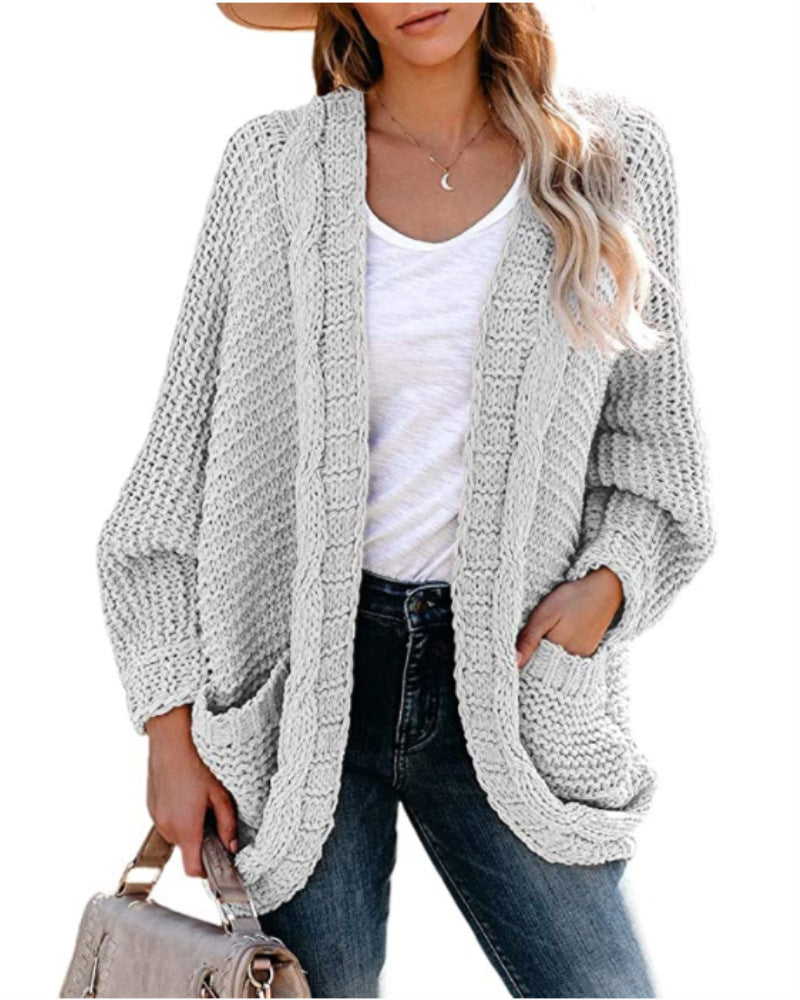 Women's Chunky Knit Jacket with Casual Contours and Large Pockets
