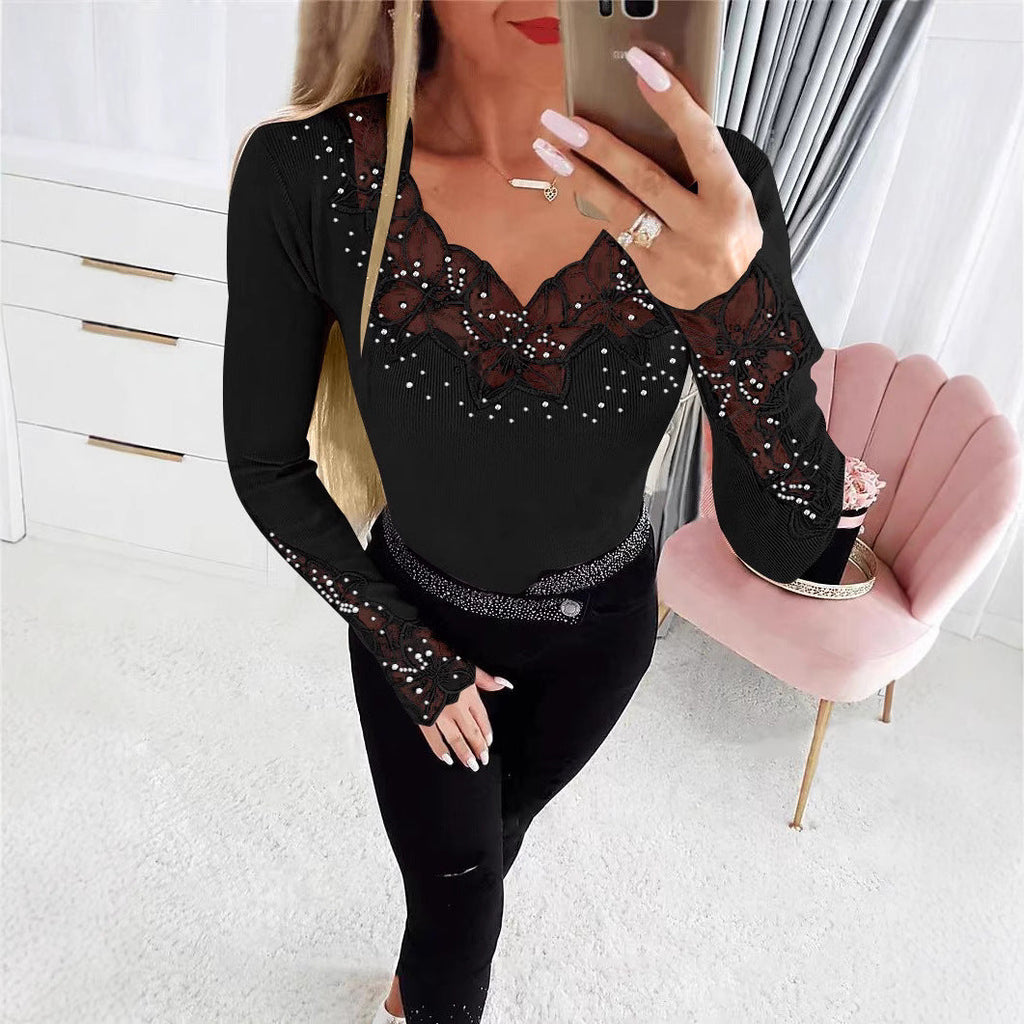 Women's Elegant Shirt with Floral Lace Appliqués and Sparkling Details