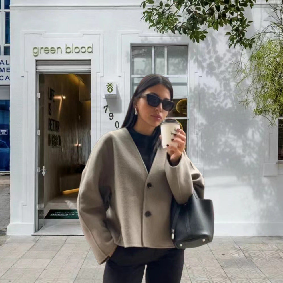 Women's Elegant Oversized Wool Jacket with Button Details