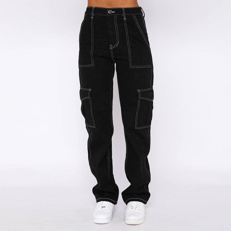 Women's High-Waisted Cargo Jeans with Straight Leg