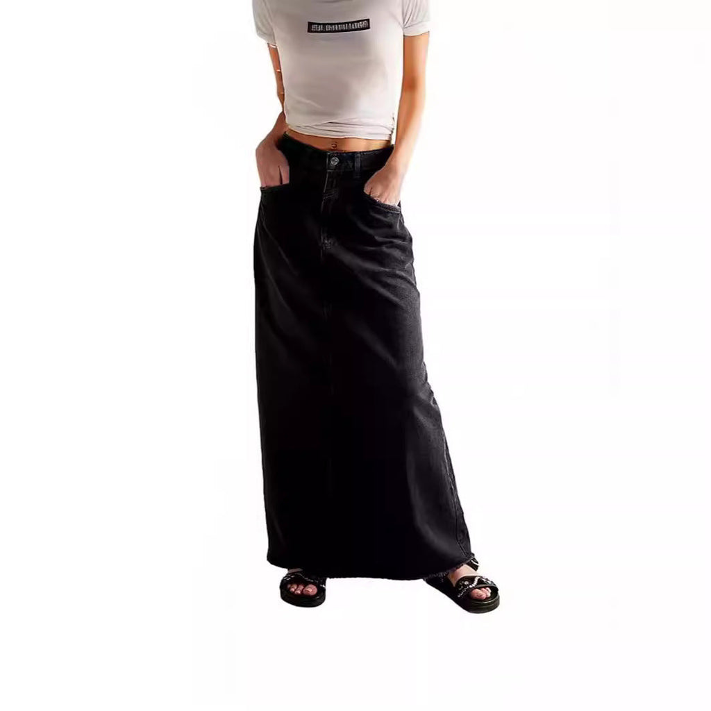 Women's Black Denim Maxi Skirt with Side Pockets and Casual Cut