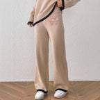 Women's Comfortable Knit Pants with Floral Appliqué Design