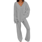 Women Comfortable Fleece Loungewear Set with V-Neck