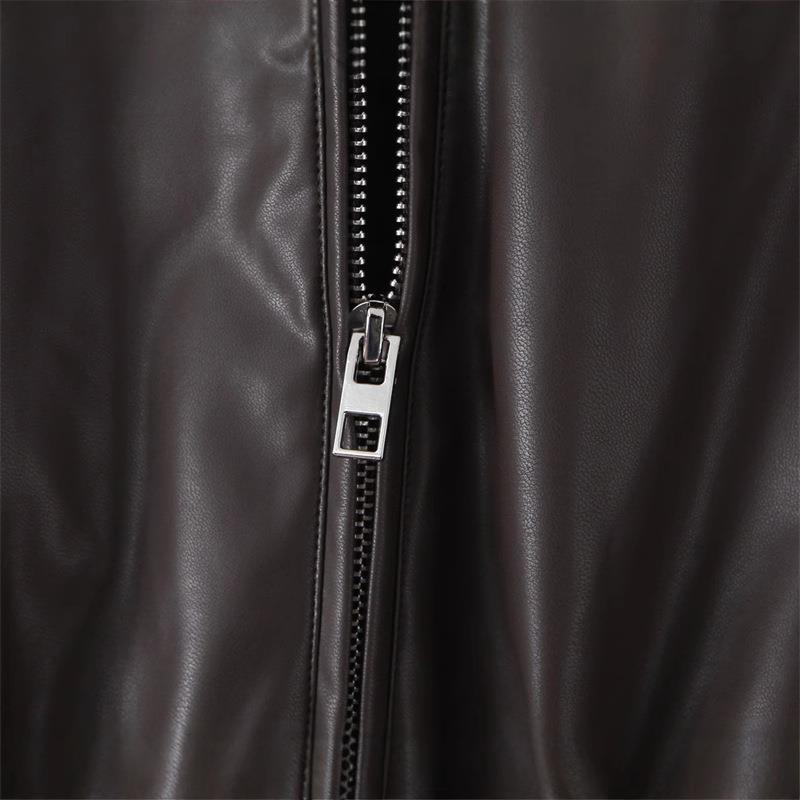 Women's Cropped Faux Leather Jacket with Pockets and Elastic Hem